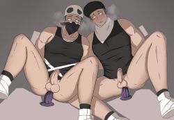 Rule 34 | anal, blue hair, blush, bottomless, creatures (company), dildo, erection, game freak, hat, male focus, male penetrated, multiple boys, muscular, nintendo, penis, pokemon, pokemon sm, restrained, sex toy, sweat, tagme, team skull, testicles, uncensored, yaoi