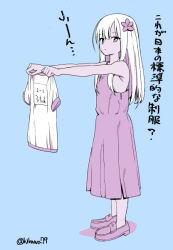 Rule 34 | 10s, 1girl, blonde hair, blue background, brown eyes, dress, female focus, flower, full body, gym shirt, hair flower, hair ornament, hikawa79, holding clothes, holding shirt, kantai collection, long hair, looking at viewer, monochrome, plant, ro-500 (kancolle), shirt, shoes, sketch, sleeveless, sleeveless dress, solo, tan, translated, twitter username