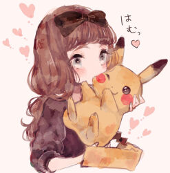 Rule 34 | 1girl, biting, black bow, blush stickers, bow, brown hair, brown shirt, creature, creatures (company), game freak, gen 1 pokemon, grey eyes, hair bow, head biting, heart, holding, holding creature, long hair, looking to the side, nintendo, one eye closed, original, painting (medium), pikachu, pokemon, pokemon (creature), shirt, simple background, sleeves past elbows, sleeves rolled up, smile, sound effects, supika, traditional media, watercolor (medium), wavy hair, white background