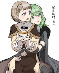 Rule 34 | 2girls, blue eyes, blush, blush stickers, brown dress, byleth (female) (fire emblem), byleth (fire emblem), coat, coat on shoulders, commentary, cowboy shot, cup, dress, earrings, enlightened byleth (female), fire emblem, fire emblem: three houses, green eyes, green hair, grey coat, half-closed eyes, head on another&#039;s shoulder, highres, holding, holding cup, hug, hug from behind, jewelry, light brown hair, looking afar, looking back, medium hair, mercedes von martritz, multiple girls, nintendo, open mouth, own hands together, pantyhose, parted lips, shishima eichi, short hair, simple background, sitting, teacup, translated, vambraces, white background, yuri