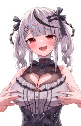 Rule 34 | 1girl, absurdres, bare shoulders, blush, breasts, cleavage, cleavage cutout, clothing cutout, grey hair, highres, hololive, kumoru (kumoru 145), large breasts, multicolored hair, open mouth, red eyes, sakamata chloe, simple background, smile, solo, spread cleavage, streaked hair, virtual youtuber