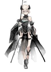 Rule 34 | 1girl, armor, blue eyes, covered navel, detached sleeves, dleung, fantasy, halo, highres, holding, holding sword, holding weapon, leotard, looking at viewer, original, rapier, short hair, silver hair, sketch, skin tight, solo, sword, thigh strap, weapon