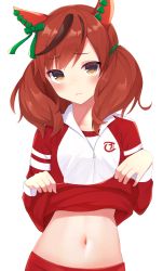 Rule 34 | 1girl, absurdres, alternate costume, animal ears, belly, blush, breasts, clothes lift, commentary request, frown, highres, horse ears, horse girl, jacket, looking at viewer, medium breasts, medium hair, navel, nice nature (umamusume), red hair, skirt, skirt lift, solo, track jacket, umamusume, yellow eyes, zeatto