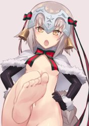 Rule 34 | 1girl, :o, barefoot, bell, black gloves, blurry, blush, bow, braid, breasts, capelet, christmas, convenient censoring, depth of field, elbow gloves, fate/grand order, fate (series), feet, foot focus, foreshortening, fur trim, gloves, grey background, grey hair, hair bow, hands on own hips, headpiece, highres, jeanne d&#039;arc (fate), jeanne d&#039;arc alter (fate), jeanne d&#039;arc alter santa lily (fate), leg up, long hair, looking at viewer, naked capelet, navel, no bra, open mouth, out-of-frame censoring, ribbon, sigm@, simple background, single braid, small breasts, soles, solo, standing, standing on one leg, star (symbol), toes, very long hair, yellow eyes