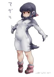 Rule 34 | 1girl, adelie penguin (kemono friends), animal hood, black hair, blush, boots, breasts, brown eyes, covered erect nipples, dress, headphones, hood, kemono friends, kemono friends 3, long hair, long sleeves, looking at viewer, multicolored hair, nyororiso (muyaa), penguin girl, penguin hood, penguin tail, red eyes, red hair, short hair, simple background, small breasts, solo, sweater, tail, two-tone hair, two-tone sweater