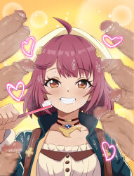 Rule 34 | 1girl, 6+boys, antenna hair, atelier (series), atelier sophie, backpack, bag, blue jacket, blush, brown bag, censored, collarbone, cum, cum drool, cum in mouth, cum on object, dot nose, erection, eyebrows, eyelashes, gokkun, grin, hand up, hat, hetero, highres, holding, holding toothbrush, jacket, jewelry, long sleeves, looking at viewer, medium hair, mosaic censoring, multiple boys, necklace, orange eyes, penis, portrait, red hair, shirt, silberspoon, simple background, smile, solo focus, sophie neuenmuller, strapless, strapless shirt, stray pubic hair, surrounded, surrounded by penises, toothbrush, white shirt, yellow background, yellow headwear