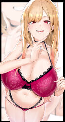 Rule 34 | 1girl, absurdres, bare shoulders, blonde hair, blush, bra, breasts, cleavage, collarbone, ear piercing, earrings, highres, jewelry, kitagawa marin, lace, lace-trimmed bra, lace-trimmed panties, lace trim, large breasts, long hair, looking at viewer, maruyaa (malya1006), navel, panties, piercing, red bra, red eyes, red panties, smile, solo, sono bisque doll wa koi wo suru, thighs, tongue, tongue out, underwear