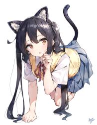 Rule 34 | 1girl, all fours, animal ears, black hair, blazer, blue skirt, blush, brown eyes, cat ears, cat tail, commentary request, hair between eyes, highres, jacket, k-on!, kemonomimi mode, long hair, looking at viewer, nakano azusa, neck ribbon, open mouth, paw pose, pleated skirt, ribbon, sakuragaoka high school uniform, school uniform, shirt, short sleeves, simple background, skirt, smile, solo, sweater vest, tail, takenoko no you, twintails, white background, white shirt