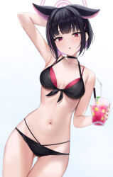 Rule 34 | 1girl, absurdres, alternate costume, animal ears, arm behind head, arm up, armpits, bare arms, bare shoulders, bikini, black bikini, black hair, blue archive, collarbone, colored inner hair, cowboy shot, cup, drink, drinking straw, dutch angle, front-tie top, gluteal fold, halo, halterneck, highres, holding, holding cup, kazusa (blue archive), looking at viewer, multi-strapped bikini, multicolored hair, navel, pink hair, rama (yu-light8), short hair, sidelocks, simple background, solo, stomach, swimsuit, thighs, two-tone bikini, two-tone hair, white background