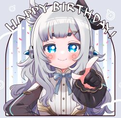 Rule 34 | 1girl, absurdres, and uge, black bow, black sleeves, blue bow, blue bowtie, blue eyes, blunt bangs, blush, bow, bowtie, breasts, buttons, closed mouth, commentary request, confetti, detached sleeves, finger cots, grey background, grey hair, hair bow, happy birthday, highres, index finger raised, kino haruc, long hair, looking at viewer, medium bangs, nanashi inc., see-through, see-through sleeves, shirt, sidelocks, sleeveless, sleeveless shirt, small breasts, smile, solo, thick eyebrows, upper body, virtual youtuber, white shirt