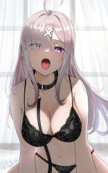 Rule 34 | 1girl, absurdres, ahoge, animal collar, blush, breasts, cleavage, collar, eyes visible through hair, grey hair, hair ornament, hair over one eye, highres, holding, holding leash, large breasts, leash, long hair, looking at viewer, mole, mole under eye, navel, nijisanji, open mouth, pet play, purple eyes, saliva, sexually suggestive, simple background, solo, sukoya kana, tchai covsky, tongue, tongue out, underwear, underwear only, viewer holding leash, virtual youtuber, x hair ornament