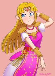 Rule 34 | 1girl, absurdres, blonde hair, blue eyes, blush, bracelet, breasts, closed mouth, collar, dress, glitchynpc, hand on head, highres, jewelry, long hair, looking to the side, medium breasts, nintendo, pink background, pointy ears, princess zelda, short sleeves, shoulder pads, simple background, smile, solo, the legend of zelda, the legend of zelda: a link between worlds, tiara