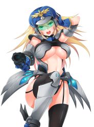 Rule 34 | 1girl, bikini, black thighhighs, blonde hair, blush, breasts, cleavage, female focus, garter straps, gloves, green eyes, gun, hat, highres, kayla (uncraft me!), large breasts, long hair, solo, swimsuit, thighhighs, uncraft me!, uncraft me 2!, underboob, visor, weapon