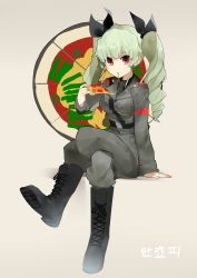 Rule 34 | 10s, 1girl, absurdres, anchovy (girls und panzer), anzio (emblem), anzio military uniform, bad id, bad pixiv id, belt, black footwear, black shirt, blouse, boots, brown eyes, cirnocchi, cross-laced footwear, crossed legs, dress shirt, drill hair, eating, emblem, food, girls und panzer, green hair, grey jacket, grey pants, hair ribbon, highres, holding, holding food, holding pizza, jacket, knee boots, long hair, long sleeves, looking at viewer, military, military uniform, necktie, pants, pants tucked in, pizza, ribbon, shirt, shoulder belt, sitting, solo, twin drills, twintails, uniform