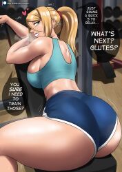 Rule 34 | 1girl, absurdres, arched back, ass, blonde hair, blue shorts, blurry, blurry background, bouncing ass, breasts, commentary, crop top, echo saber, english commentary, english text, from behind, grin, gym shorts, hair between eyes, heart, heavy breathing, high-waist shorts, highres, huge ass, indoors, large breasts, long hair, looking at viewer, looking back, metroid, mirror, motion lines, nape, nintendo, paid reward available, patreon logo, patreon username, ponytail, samus aran, short shorts, shorts, sitting, smile, solo, sports bra, sportswear, sweat, thick thighs, thighs, underbutt, watermark, web address, wooden floor