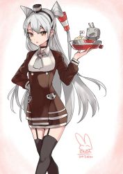 Rule 34 | 1girl, amatsukaze (kancolle), artist name, black thighhighs, brown eyes, dated, food, fried rice, garter straps, hair tubes, japanese flag, kantai collection, lifebuoy, long hair, long sleeves, open mouth, rensouhou-kun, rice, sensen, silver hair, solo, swim ring, thighhighs, two side up