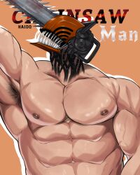 Rule 34 | 1boy, abs, absurdres, alternate muscle size, armpit hair, armpits, artist name, bara, blood, bloody weapon, chainsaw, chainsaw man, collarbone, denji (chainsaw man), english text, highres, kaido (62145659), large pectorals, male focus, monster boy, muscular, muscular male, nipples, nude, open mouth, orange background, pectorals, portrait, sharp teeth, teeth, veins, veiny arms, weapon