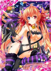 Rule 34 | 1girl, animal ears, bell, black gloves, blue eyes, cat ears, cat tail, collaboration, gloves, hair ribbon, halloween, halloween costume, jingle bell, long hair, looking at viewer, multicolored eyes, nou (nounknown), official art, orange hair, red eyes, red ribbon, ribbon, shinkai no valkyrie, shinki kakusei melty maiden, smile, stomach, striped clothes, striped thighhighs, swimsuit, tail, thighhighs, twintails, underwear