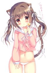 Rule 34 | 1girl, animal ear fluff, animal ears, azumi kazuki, blush, bow, breasts, brown eyes, brown hair, candy, cat ears, cat girl, cat tail, chestnut mouth, collarbone, commentary request, dress shirt, fingernails, food, gluteal fold, hair between eyes, hair bow, head tilt, heart, heart-shaped lollipop, holding, holding candy, holding food, holding lollipop, lollipop, long hair, long sleeves, lowleg, lowleg panties, navel, neck ribbon, no pants, original, panties, parted lips, pink shirt, puffy long sleeves, puffy sleeves, ribbon, sailor collar, school uniform, serafuku, shaped lollipop, shirt, simple background, sleeves past wrists, small breasts, solo, striped, striped bow, tail, tail raised, translation request, twintails, underwear, white background, white bow, white panties, white ribbon, white sailor collar