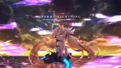 Rule 34 | 1girl, ahoge, azur lane, backless outfit, blonde hair, detached sleeves, eldridge (azur lane), english text, facial tattoo, glowing, glowing eyes, hair ornament, hairclip, highres, long hair, looking back, machinery, ocean, rshow, sky, solo, tattoo, twintails, weapon, yellow eyes