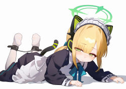 Rule 34 | 1girl, absurdres, animal ear headphones, animal ears, apron, black dress, blonde hair, blue archive, blush, cat tail, chain, closed mouth, dress, eco 376124, fake animal ears, green eyes, green halo, halo, headphones, highres, long sleeves, maid, maid apron, maid headdress, midori (blue archive), midori (maid) (blue archive), no shoes, official alternate costume, pantyhose, short hair, simple background, solo, tail, white apron, white background, white pantyhose