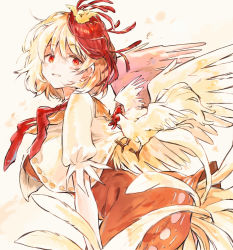 Rule 34 | 1girl, animal, animal on head, bird, bird wings, blonde hair, breasts, chick, chicken, dress, from side, hisona (suaritesumi), large breasts, leaning forward, looking at viewer, looking to the side, medium hair, multicolored hair, niwatari kutaka, on head, orange dress, red eyes, red hair, red neckwear, rooster, short sleeves, simple background, smile, solo, tail, touhou, two-tone hair, wings
