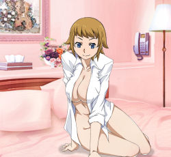 Rule 34 | 10s, 1girl, blonde hair, blush, breasts, cleavage, gundam, gundam build fighters, gundam build fighters try, hoshino fumina, large breasts, open clothes