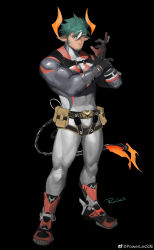 Rule 34 | 1boy, absurdres, adjusting clothes, adjusting gloves, animal ears, bara, biceps, black gloves, bodysuit, chest belt, covered abs, cow boy, cow ears, detached horns, facial hair, flame-tipped tail, frown, full body, gloves, goatee, green hair, grey bodysuit, highres, long sideburns, looking at viewer, male focus, mature male, mechanical tail, multicolored hair, muscular, muscular male, original, pectoral squeeze, pectorals, powerlesssong, shoes, short hair, sideburns, solo, spiked hair, streaked hair, tail, thick eyebrows, thick thighs, thighs, tight clothes, white bodysuit, white hair, wrinkled fabric
