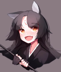 Rule 34 | 1girl, :d, absurdres, animal ears, arknights, beudelb, black gloves, black hair, black shirt, commentary, cropped torso, dog ears, facial mark, fang, fingerless gloves, forehead mark, gloves, grey background, highres, holding, japanese clothes, korean commentary, long hair, looking at viewer, open mouth, portrait, saga (arknights), shirt, simple background, skin fang, smile, solo, yellow eyes