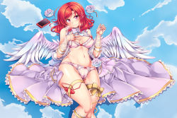Rule 34 | 1girl, angel wings, bow, bowtie, bra, breasts, breath, bridal garter, cameltoe, cellphone, clenched hand, clothes lift, cloud, commentary request, day, feathered wings, flower, frilled bra, frills, hair ornament, hand on own chest, jewelry, leg ribbon, love live!, love live! school idol festival, love live! school idol project, medium breasts, midriff, navel, nishikino maki, open clothes, open skirt, panties, phone, purple eyes, red hair, ribbon, rose, sex toy, shirt lift, skirt, sleeveless, smartphone, smile, solo, striped bow, striped bowtie, striped clothes, striped neckwear, thigh bow, thigh ribbon, underwear, vibrator, vibrator under clothes, vibrator under panties, white wings, windart, wings, wrist ribbon, x hair ornament