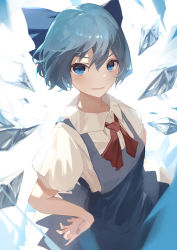 Rule 34 | 1girl, absurdres, backlighting, bloom, blue bow, blue dress, blue eyes, blue hair, bow, cirno, dress, eyebrows hidden by hair, hair between eyes, hair bow, hand on own hip, highres, ice, ice wings, kettle (4693-42), light smile, looking at viewer, parted lips, puffy short sleeves, puffy sleeves, red ribbon, ribbon, shirt, short hair, short sleeves, simple background, solo, touhou, v-shaped eyebrows, white background, white shirt, wings