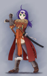 Rule 34 | 1girl, absurdres, ahoge, alternate costume, armor, atmosk, blue hair, boots, bracer, breasts, fingerless gloves, fire emblem, fire emblem: path of radiance, fire emblem: radiant dawn, fire emblem awakening, full body, fur trim, gloves, green eyes, hairband, highres, japanese armor, long coat, long hair, mia (fire emblem), multiple swords, nintendo, sheath, sheathed, shoulder armor, smile, solo, pauldrons, suneate, sword, thighhighs, weapon