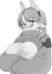 Rule 34 | 1girl, animal ears, blush, breasts, breasts out, candy, character request, clothes lift, copyright request, fake animal ears, female focus, food, glasses, greyscale, hair bobbles, hair ornament, half-closed eyes, highres, inverted nipples, large breasts, lollipop, monochrome, mukago (mukagomumumu), parted bangs, round eyewear, sanpaku, sleeves past wrists, solo, sweater, sweater lift, turtleneck, twintails