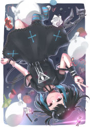 Rule 34 | 1girl, arm warmers, black dress, black hair, blue hair, blue thighhighs, blush, carmi11la, closed mouth, commentary request, demon girl, demon horns, demon tail, dress, eye of providence, flat chest, full body, highres, horns, looking at viewer, medium hair, multicolored hair, nanashi inc., no shoes, official alternate costume, pointy ears, red eyes, shishio chris, shishio chris (3rd costume), short sleeves, single arm warmer, single thighhigh, smile, solo, striped clothes, striped thighhighs, sugar lyric, tail, thighhighs, two-tone hair, upside-down, v, virtual youtuber