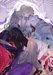 Rule 34 | 1boy, 1girl, absurdly long hair, absurdres, age difference, bishounen, black nails, black robe, blonde hair, braid, bridal gauntlets, bridal legwear, couple, expressionless, hand on another&#039;s chest, hetero, highres, long hair, looking at viewer, msa (fary white), original, parted lips, profile, purple eyes, red pupils, robe, slit pupils, veil, very long hair, white eyes