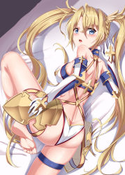 Rule 34 | 1girl, absurdres, armor, ass, back, bare shoulders, barefoot, bed, bikini, blonde hair, blue eyes, blush, bradamante (fate), bradamante (third ascension) (fate), braid, breasts, butt crack, fate/grand order, fate (series), faulds, feet, gatari, gloves, highres, large breasts, long hair, looking at viewer, looking back, lying, on side, open mouth, parted bangs, shiny skin, sideboob, skindentation, soles, solo, swimsuit, thigh strap, thong, toes, twintails, very long hair, white bikini