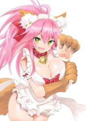 Rule 34 | 1girl, animal ears, animal hands, apron, arm garter, bad id, bad twitter id, bell, blush, breast hold, breasts, cleavage, collar, fang, fate/grand order, fate (series), fox ears, fox tail, hair ornament, hair ribbon, large breasts, long hair, looking at viewer, naked apron, nanasuke, neck bell, open mouth, pink hair, ponytail, ribbon, simple background, smile, solo, tail, tamamo (fate), tamamo cat (fate), tamamo cat (third ascension) (fate), tamamo no mae (fate/extra), white background, yellow eyes