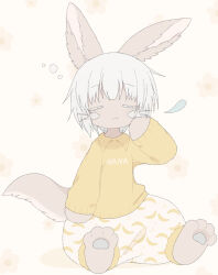 Rule 34 | 1other, :&lt;, animal ear fluff, animal ears, banana print, body fur, brown fur, bubble, closed eyes, closed mouth, collared shirt, commentary, english commentary, floral background, furry, long sleeves, made in abyss, medium hair, nanachi (made in abyss), narehate, other focus, pants, print pants, print shirt, puffy pants, rabbit ears, shirt, sidelocks, sitting, sleeves past wrists, solo, tail, tatososu, whiskers, white background, white hair, yellow shirt