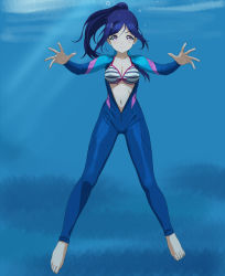 Rule 34 | &gt;:), 1girl, a1 (initial-g), barefoot, bikini, bikini top only, blue hair, blush, bodysuit, breasts, center opening, cleavage, closed eyes, collarbone, determined, diving, diving suit, freediving, full body, long hair, looking at viewer, love live!, love live! sunshine!!, matsuura kanan, medium breasts, navel, open bodysuit, open clothes, ponytail, purple eyes, skin tight, smile, solo, striped bikini, striped clothes, swimsuit, underwater, unzipped, v-shaped eyebrows, wetsuit