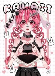 Rule 34 | 1girl, :o, ahaha tea, animal ears, arm belt, bandaid, bandaid on face, bandaid on nose, belt, belt collar, blush, bow, bow earrings, bracelet, collar, corset piercing, ear bow, ear piercing, earrings, fang, frilled shirt, frills, hair ornament, heart, heart-shaped pupils, heart hair, heart hands, jewelry, long hair, low twintails, midriff, open mouth, original, personification, piercing, pink eyes, pink hair, pleated skirt, rabbit ears, rabbit girl, rabbit hair ornament, ring, shirt, skirt, solo, symbol-shaped pupils, tank top, twintails, very long hair
