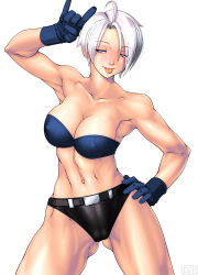 Rule 34 | 1girl, \m/, absurdres, angel (kof), armpits, bare shoulders, belt, blue eyes, blush, bra, breasts, cleavage, covered erect nipples, female focus, gloves, hand on own hip, highres, large breasts, legs, looking at viewer, midriff, naughty face, navel, panties, qkat (arikawa-dou), short hair, simple background, smile, solo, standing, strapless, strapless bra, the king of fighters, thighs, tongue, tongue out, underwear, very short hair, white background, white hair