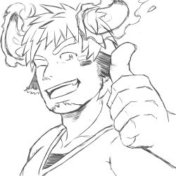 Rule 34 | &gt; o, 1boy, ;d, absurdres, animal ears, bara, cow boy, cow ears, cow horns, facepaint, facial hair, fiery horns, forked eyebrows, glowing horns, goatee, greyscale, highres, horns, looking at viewer, male focus, monochrome, one eye closed, open mouth, portrait, short hair, smile, solo, tatatan (ts kon2), thick eyebrows, thumbs up, tokyo houkago summoners, upper body, wakan tanka