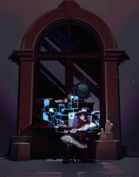 Rule 34 | 1girl, absurdres, black capelet, black eyes, black footwear, black hair, black hat, black skirt, black socks, bow, capelet, closed mouth, cup, furahata gen, globe, hat, hat bow, highres, holding, holding cup, holographic interface, holographic monitor, kneehighs, long sleeves, shirt, shoes, short hair, side ponytail, skirt, smile, socks, solo, touhou, usami renko, white bow, white shirt, window