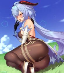 Rule 34 | 1girl, artist name, ass, bare back, bare shoulders, bell, black pantyhose, blue hair, closed eyes, commentary, day, detached sleeves, from side, ganyu (genshin impact), genshin impact, gloves, grass, high heels, horns, kuroonehalf, long hair, neck bell, open mouth, outdoors, pantyhose, solo, thighs, very long hair