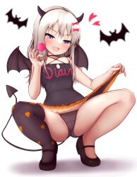 Rule 34 | 1girl, absurdres, black dress, black footwear, black horns, black panties, black thighhighs, black wings, blue eyes, blush, candy, demon horns, demon tail, demon wings, dress, fake horns, food, full body, grecale (kancolle), grey hair, highres, holding, holding candy, holding food, horns, kantai collection, long hair, official alternate costume, open mouth, panties, shoes, single thighhigh, smile, solo, squatting, tail, thighhighs, tiemu (man190), underwear, wings