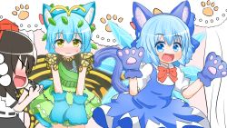 Rule 34 | 3girls, animal ears, animal hands, antennae, aqua hair, black hair, black skirt, blue dress, blue eyes, blue hair, blush, butterfly wings, camera, cat ears, cat paws, cat tail, cirno, closed mouth, collared shirt, coruthi, dress, eternity larva, fairy, fake animal ears, green dress, hair between eyes, hat, highres, holding, holding camera, ice, ice wings, insect wings, leaf, leaf on head, multicolored clothes, multicolored dress, multiple girls, open mouth, paw print, pom pom (clothes), puffy short sleeves, puffy sleeves, red headwear, shameimaru aya, shirt, short hair, short sleeves, single strap, skirt, smile, tail, tokin hat, touhou, wavy mouth, white shirt, wings, yellow eyes