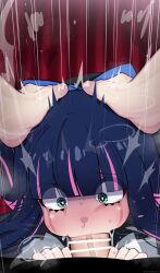 Rule 34 | 1boy, 1girl, absurdres, bar censor, black nails, blue bow, blue eyes, blue hair, blunt bangs, blush, bow, censored, cheek bulge, commission, crying, crying with eyes open, dark blue hair, deepthroat, fellatio, gothic lolita, hair bow, head grab, hetero, highres, large penis, lolita fashion, looking at viewer, mizumizuni, multicolored hair, nose blush, oral, panty &amp; stocking with garterbelt, penis, pink hair, saliva, skeb commission, stocking (psg), streaked hair, sweat, tears, veins, veiny penis