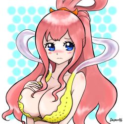 Rule 34 | 1girl, breasts, breasts out, cleavage, highres, large breasts, long hair, one piece, pink hair, shirahoshi, smile, underboob
