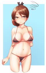 Rule 34 | 1girl, alternate breast size, alternate costume, bare arms, bare shoulders, bikini, black bikini, blue background, blush, breasts, brown eyes, brown hair, collarbone, commentary request, covered erect nipples, cowboy shot, cropped legs, female pubic hair, gluteal fold, groin, hair ribbon, highres, kantai collection, large breasts, looking at viewer, micro bikini, navel, ohaduke, ponytail, pubic hair, pubic hair peek, ribbon, shikinami (kancolle), short hair, short ponytail, skindentation, solo, squiggle, standing, string bikini, swimsuit