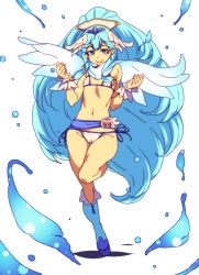 Rule 34 | 1girl, bad id, bad twitter id, big hair, bikini, blue eyes, blue footwear, blue hair, boots, cameltoe, clenched hands, closed mouth, covered erect nipples, cure ange, earrings, flat chest, full body, hands up, head wings, highres, hugtto! precure, jewelry, long hair, looking at viewer, magical girl, navel, petite, ponytail, precure, scarf, side-tie bikini bottom, smile, solo, standing, standing on one leg, swimsuit, tasaka shinnosuke, very long hair, white background, white bikini, white scarf, wings, wristband, yakushiji saaya